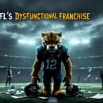 A fierce jaguar mascot in a football jersey with number 12 stands on a field surrounded by papers and helmets. The text reads, "NFL's DYSFUNCTIONAL FRANCHISE." People in suits stand in the background inside a stadium. Logo "VDG Sports" is in the upper left.