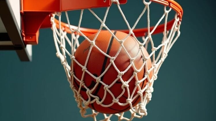 A close-up of a basketball going through an orange rim and white net, captured mid-air against a dark teal background—evoking the golden age of basketball and emphasizing the thrilling moment the ball scores. The net curls around the ball, highlighting action and motion.