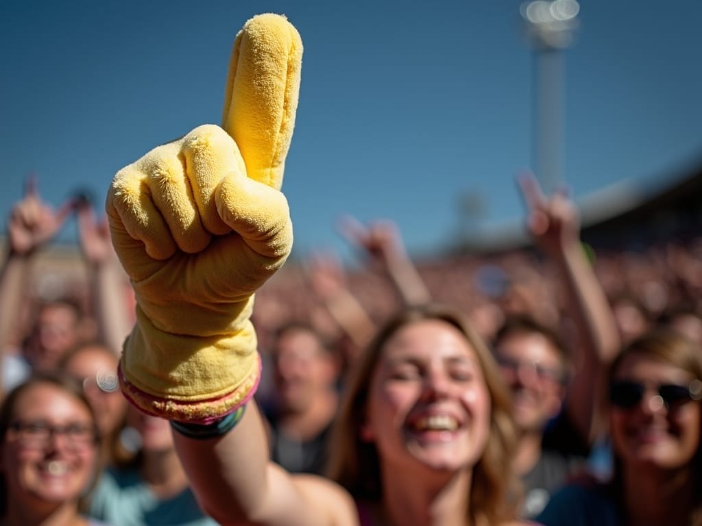 A smiling woman in a crowd holds up a bright yellow foam finger, capturing the psychology of sports fans as she joins the energetic outdoor atmosphere. The cheering crowd behind her creates a sense of unity and excitement under the clear blue sky.