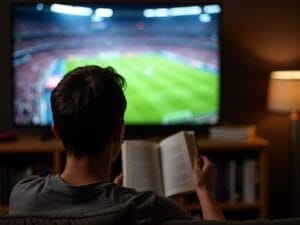 A person sits on a couch, seen from behind, reading a book while watching a soccer match on a large TV screen—the perfect scene for the smartest sports fans in this cozy, dimly lit living room with a lamp and bookshelf adding to the relaxed atmosphere.