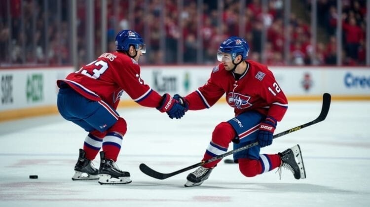 Two hockey players in red jerseys and blue pants are on the ice; one helps the other up by grasping his hand, a clear nod to Hockey's Unwritten Rules. The crowd in the background watches as both helmeted players hold their hockey sticks.