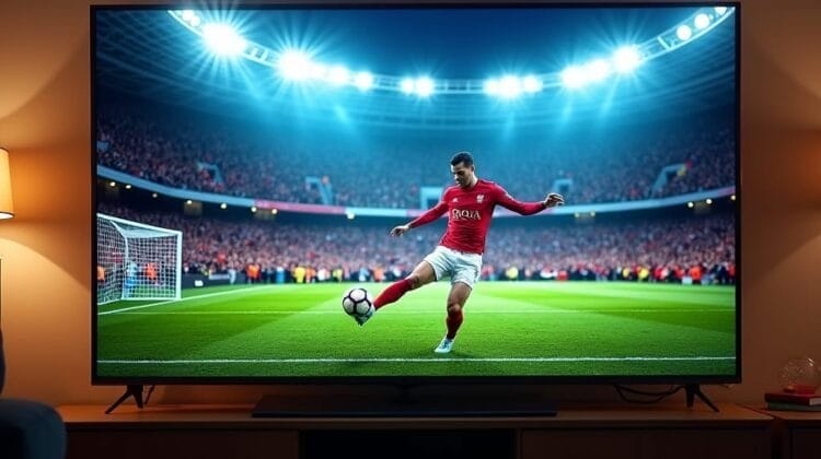 A soccer player in a red jersey kicks a ball on a brightly lit stadium field, shown on a large flat-screen TV in a cozy living room—a scene reminiscent of rising MLS viewership by year. The TV sits on a wooden console, couch blurred in the foreground.
