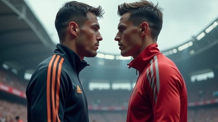 Two male soccer players stand face-to-face in a stadium, wearing contrasting tracksuits—one black with orange stripes, the other red with white stripes. The scene captures the tense, competitive spirit often seen in high IQ sports.