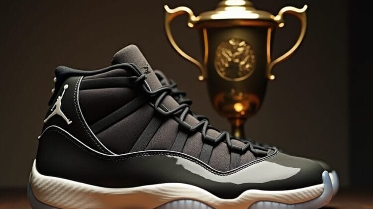 A black and white Air Jordan sneaker with patent leather detailing is displayed on a wooden surface. Behind the sneaker sits a gold trophy, softly lit, evoking the Golden Age of Basketball and celebrating achievement on and off the court.