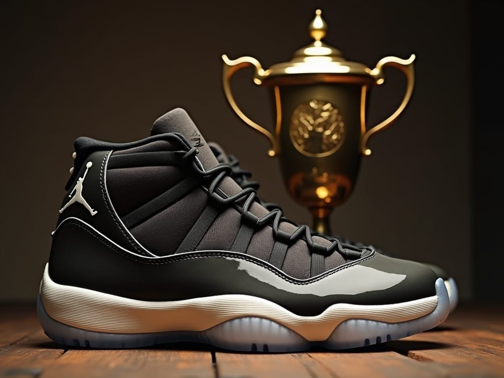 A black and white Air Jordan sneaker with patent leather detailing is displayed on a wooden surface. Behind the sneaker sits a gold trophy, softly lit, evoking the Golden Age of Basketball and celebrating achievement on and off the court.