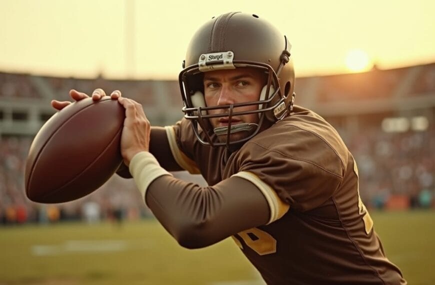 A football player in a brown and gold uniform and helmet prepares to throw a football. He grips the ball with both hands, eyes focused ahead, embodying the spirit of NFL Eras. The background features a stadium with spectators and a hazy sunset sky.