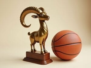 A shiny golden ram trophy with curled horns stands on a wooden base next to an orange basketball on a neutral beige background, symbolizing the GOAT of Basketball and celebrating excellence in sports achievement.