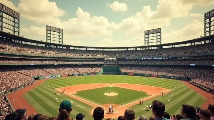 A large baseball stadium filled with spectators watches a game on a sunny day. The bright green field and classic brown bases evoke the tradition of MLB eras, while players are positioned across the diamond under a vibrant, partly cloudy sky.