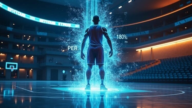 A basketball player stands at center court in a futuristic, glowing arena. Blue light beams and digital graphics surround him, displaying stats like "PER"—a key metric in sports analytics—while dramatic lighting highlights the hi-tech, sci-fi atmosphere.