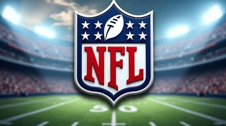 The NFL logo appears large and centered over a blurred American football stadium field, with bright stadium lights illuminating the background and a visible 50-yard line—evoking the energy and intensity of classic NFL football rivalries.