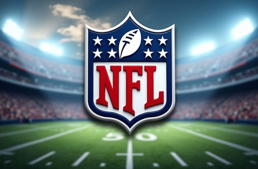 The NFL logo appears large and centered over a blurred American football stadium field, with bright stadium lights illuminating the background and a visible 50-yard line—evoking the energy and intensity of classic NFL football rivalries.