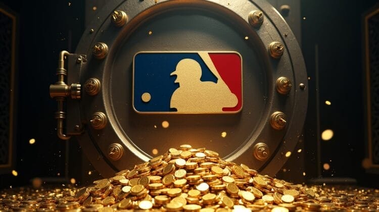A large vault door with the MLB logo is open, revealing a pile of shiny gold coins spilling out—a striking scene that highlights the abundance of wealth and plays into the Luxury Tax Illusion surrounding Major League Baseball’s riches.