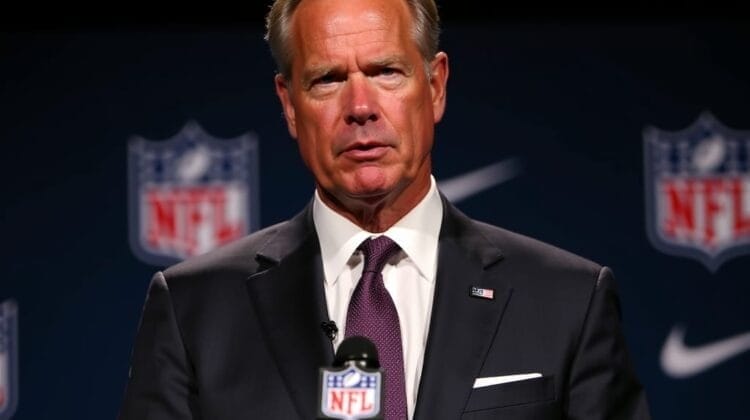 A middle-aged man in a dark suit and purple tie stands at a podium with an NFL Analytics microphone, speaking against a backdrop of repeating NFL logos. He has light hair, a serious expression, and wears a white pocket square.