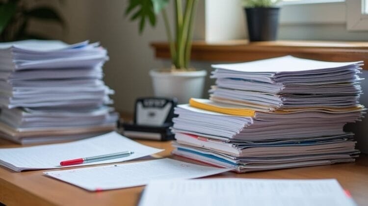 Stacks of paperwork and documents are neatly arranged on a wooden desk beside a window, resembling an NBA Front Office workspace. A red pen rests on an open notebook amid the papers, while green potted plants and sunlight add a touch of nature.