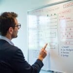 A man in glasses and a suit is pointing at diagrams and notes on a whiteboard. The board displays flowcharts, labeled boxes, and basketball advanced stats, indicating a business or strategy discussion in a modern office setting.