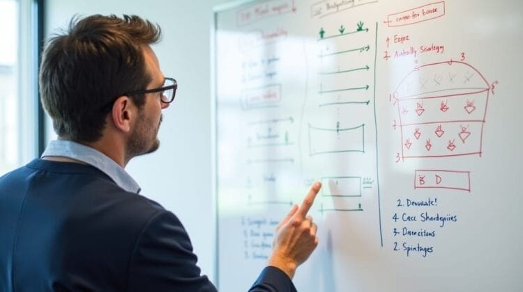 A man in glasses and a suit is pointing at diagrams and notes on a whiteboard. The board displays flowcharts, labeled boxes, and basketball advanced stats, indicating a business or strategy discussion in a modern office setting.