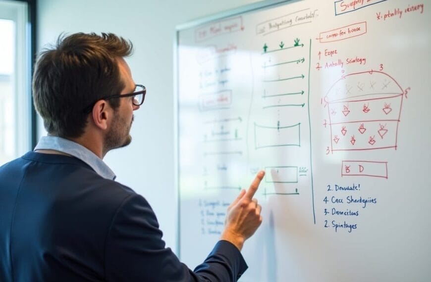 A man in glasses and a suit is pointing at diagrams and notes on a whiteboard. The board displays flowcharts, labeled boxes, and basketball advanced stats, indicating a business or strategy discussion in a modern office setting.