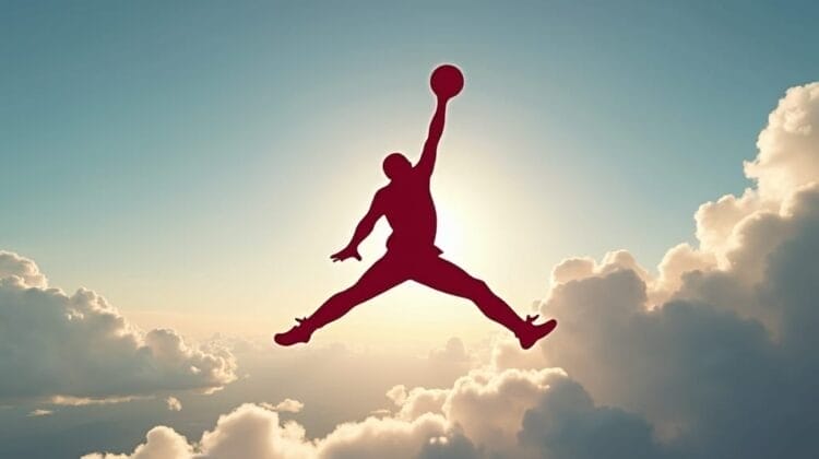 A silhouetted basketball player leaps midair above clouds, one arm outstretched holding a ball, evoking the iconic jumpman logo. The sun shines brightly behind, highlighting the athletic pose against the dramatic sky.