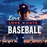 A split image of an MLB player in a cap, with intense expression, stands foreground. Behind him, a brightly lit stadium buzzes with fans enjoying the ultimate Fan Experience. Large text reads: “Love. LOVE TO HATE. BASEBALL.”—highlighting mixed feelings about the sport.