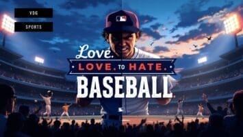 A split image of an MLB player in a cap, with intense expression, stands foreground. Behind him, a brightly lit stadium buzzes with fans enjoying the ultimate Fan Experience. Large text reads: “Love. LOVE TO HATE. BASEBALL.”—highlighting mixed feelings about the sport.