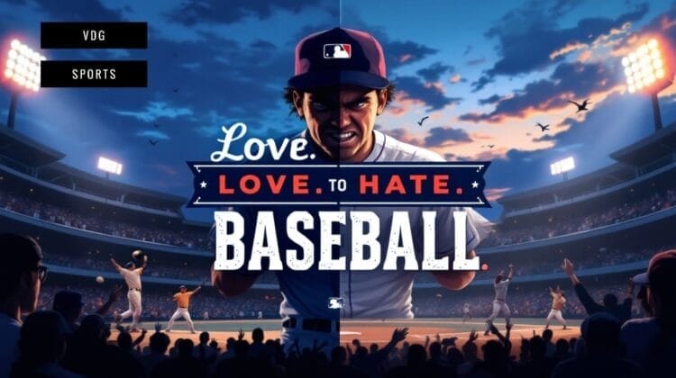 A split image of an MLB player in a cap, with intense expression, stands foreground. Behind him, a brightly lit stadium buzzes with fans enjoying the ultimate Fan Experience. Large text reads: “Love. LOVE TO HATE. BASEBALL.”—highlighting mixed feelings about the sport.