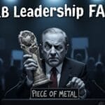 An older man in a suit holds a baseball trophy labeled "Piece of Metal" at a podium, with blurred protest signs referencing the Astros Scandal behind him. Large text above reads "MLB Leadership FAIL." The dark lighting highlights his serious expression.