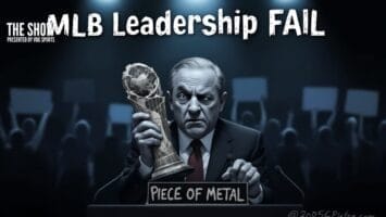 An older man in a suit holds a baseball trophy labeled "Piece of Metal" at a podium, with blurred protest signs referencing the Astros Scandal behind him. Large text above reads "MLB Leadership FAIL." The dark lighting highlights his serious expression.