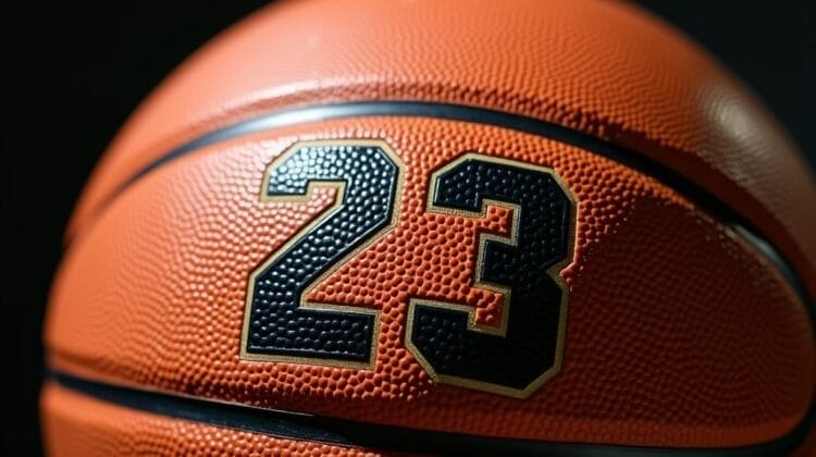 Close-up of an orange basketball featuring the number "23" in bold black and white numerals, capturing the michael jordan legacy and impact. The ball’s pebbled texture and dark seams are set against a dramatic, dark background.