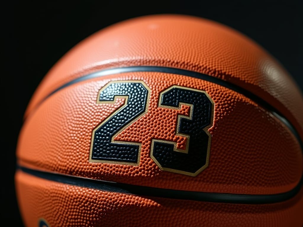 Close-up of an orange basketball featuring the number "23" in bold black and white numerals, capturing the michael jordan legacy and impact. The ball’s pebbled texture and dark seams are set against a dramatic, dark background.