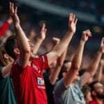 A man in a red shirt cheers with arms raised amid a crowd of enthusiastic fans at a sports stadium, capturing the spirit found in the best sports leagues. People around him also shout and raise their arms, expressing excitement and unity.