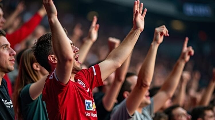 A man in a red shirt cheers with arms raised amid a crowd of enthusiastic fans at a sports stadium, capturing the spirit found in the best sports leagues. People around him also shout and raise their arms, expressing excitement and unity.