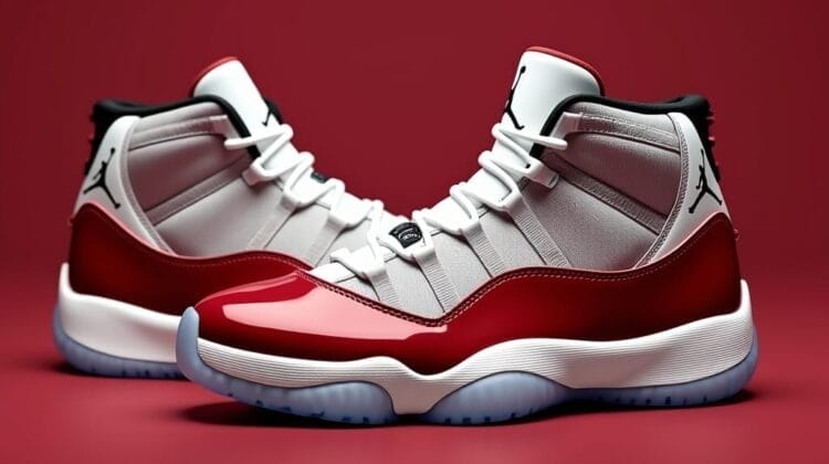 A pair of high-top sneakers with glossy red mudguards, white mesh uppers, black accents, and translucent icy blue soles pays tribute to Michael Jordan—a cultural icon—displayed against a solid red background with the iconic Jumpman logo on the ankle.