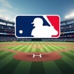 The image shows an empty baseball stadium with a green field and perfectly maintained infield, under clear skies. The MLB logo, symbolizing the legacy of various MLB eras, is prominently centered in the scene.