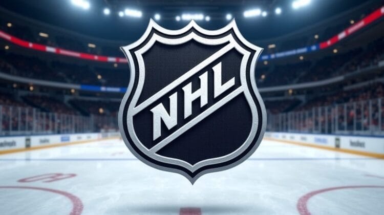 A large NHL logo floats over the center of an ice hockey rink inside a brightly lit arena with empty seats and surrounding boards, highlighting the professional league as nhl viewership compared to other sports continues to spark interest.
