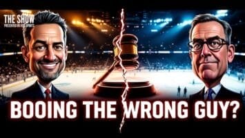 Two men in suits stand on either side of a judge's gavel split by a lightning bolt, with a hockey rink in the background. The text reads, "BOOING THE WRONG GUY?" The scene is dramatic and brightly lit, implying a debate or controversy.