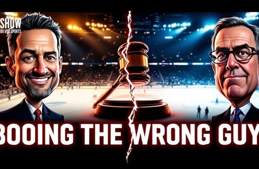 Two men in suits stand on either side of a judge's gavel split by a lightning bolt, with a hockey rink in the background. The text reads, "BOOING THE WRONG GUY?" The scene is dramatic and brightly lit, implying a debate or controversy.