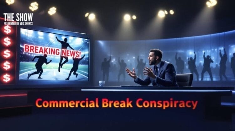 A news anchor in a suit gestures while sitting at a modern news desk. Behind him, a screen displays “BREAKING NEWS!” with silhouettes of athletes. The set is decorated with dollar signs and spotlights. Bold text reads “Commercial Break Conspiracy.”.