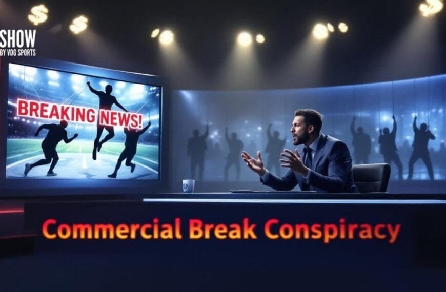 A news anchor in a suit gestures while sitting at a modern news desk. Behind him, a screen displays “BREAKING NEWS!” with silhouettes of athletes. The set is decorated with dollar signs and spotlights. Bold text reads “Commercial Break Conspiracy.”.