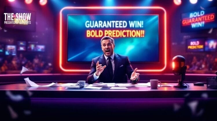 A male sports commentator in a suit gestures energetically at a desk covered in papers. Behind him, bright screens display “GUARANTEED WIN! BOLD PREDICTION!!” The lively sports media studio is filled with colorful lights and show branding.
