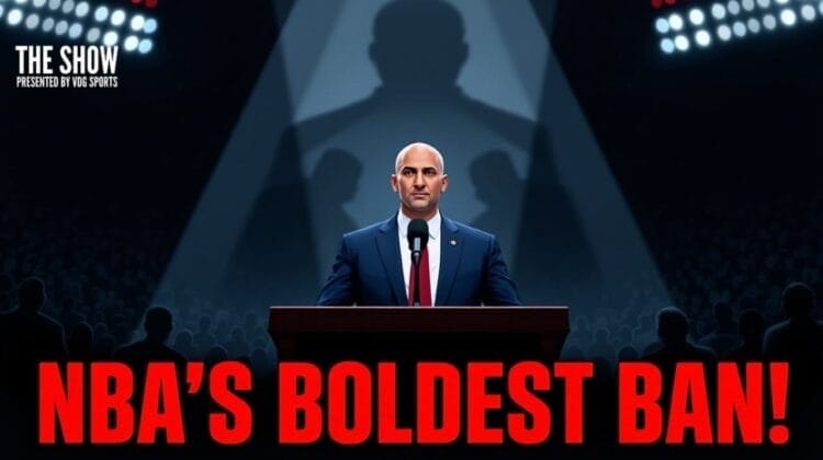 A bald man in a suit—resembling Adam Silver—stands at a podium under dramatic spotlights, facing an audience. Large red text reads "NBA'S BOLDEST BAN!" Above, it says "THE SHOW presented by VOS SPORTS." A shadowy figure looms behind.