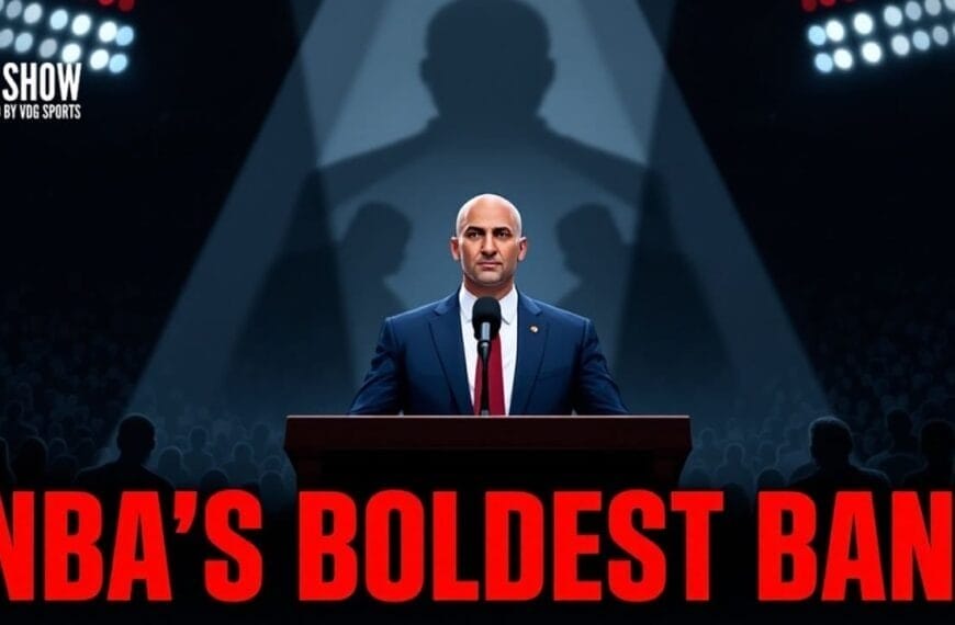 A bald man in a suit—resembling Adam Silver—stands at a podium under dramatic spotlights, facing an audience. Large red text reads "NBA'S BOLDEST BAN!" Above, it says "THE SHOW presented by VOS SPORTS." A shadowy figure looms behind.