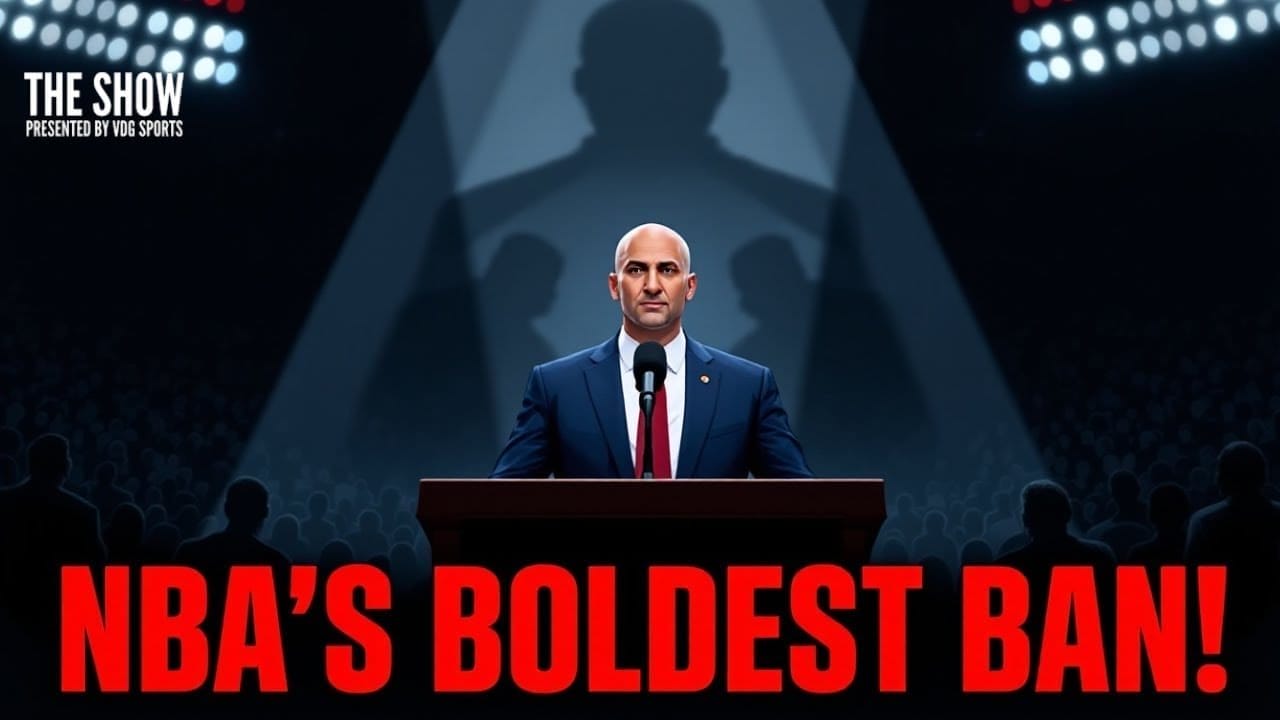 A bald man in a suit—resembling Adam Silver—stands at a podium under dramatic spotlights, facing an audience. Large red text reads "NBA'S BOLDEST BAN!" Above, it says "THE SHOW presented by VOS SPORTS." A shadowy figure looms behind.