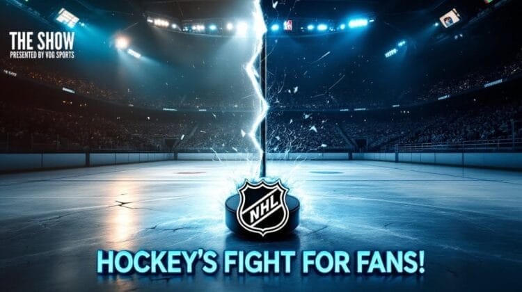 A dramatic ice hockey arena is split by a bolt of lightning, with the NHL logo glowing at the center. Blue lighting and a packed stadium amplify the intensity. Bold text at the bottom reads: “HOCKEY’S FIGHT FOR FANS!”.