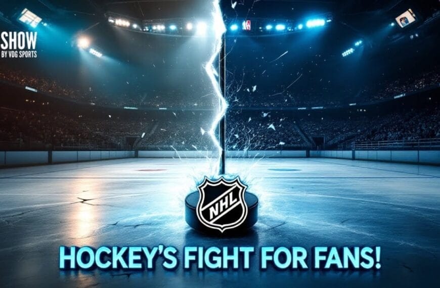 A dramatic ice hockey arena is split by a bolt of lightning, with the NHL logo glowing at the center. Blue lighting and a packed stadium amplify the intensity. Bold text at the bottom reads: “HOCKEY’S FIGHT FOR FANS!”.