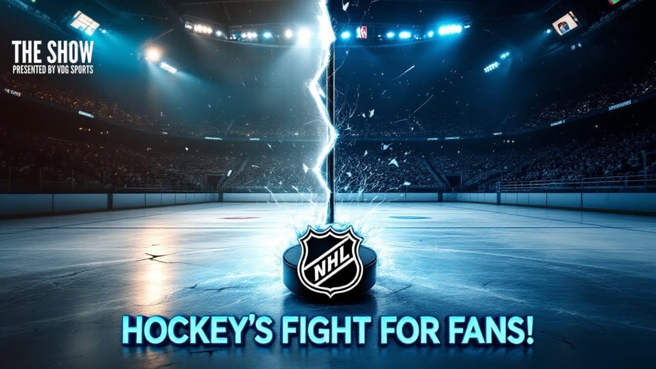 A dramatic ice hockey arena is split by a bolt of lightning, with the NHL logo glowing at the center. Blue lighting and a packed stadium amplify the intensity. Bold text at the bottom reads: “HOCKEY’S FIGHT FOR FANS!”.