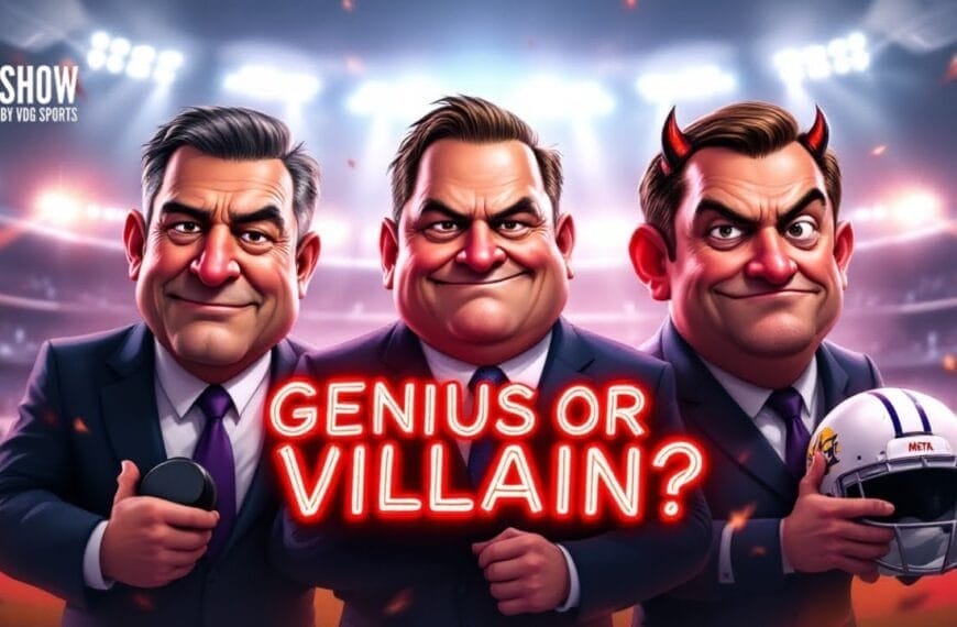 Three animated men in suits stand in a bright stadium. One holds a microphone, the center man smiles, and the third has devil horns and holds a football helmet. Bold red text reads “GENIUS OR VILLAIN?” The upper corner says “THE SHOW PRESENTED BY VBS SPORTS.”.