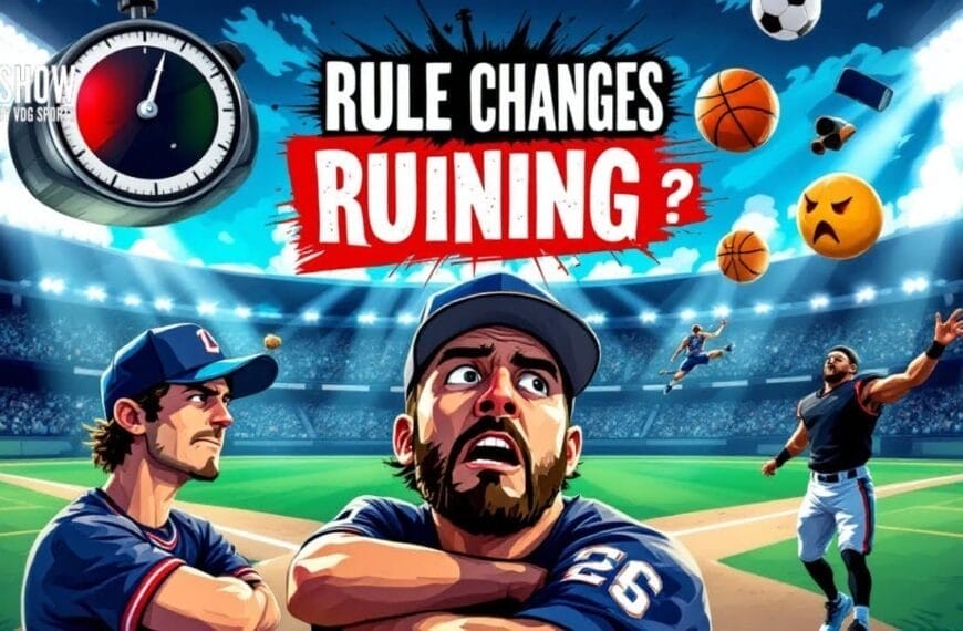 A worried baseball player stands with arms crossed in a stadium, beside another player who looks frustrated. Sporting balls and emojis float behind them. A stopwatch and bold text read "RULE CHANGES RUINING?" in a dramatic, comic-style design.