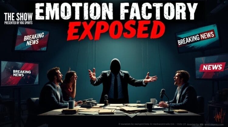 A hooded figure stands with arms raised at a table, surrounded by three shocked people. Large text reads “EMOTION FACTORY EXPOSED.” Multiple TV screens display “Breaking News.” The scene is dark and dramatic, conveying a sense of urgency and revelation.