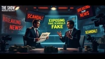 Two men in suits sit at a news desk on a TV set with cameras, holding papers labeled "FAKE SCANDAL." Bright monitors behind them display phrases like "BREAKING NEWS" and "SCANDAL!" satirizing sensationalism in sports media.