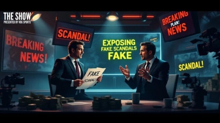 Two men in suits sit at a news desk on a TV set with cameras, holding papers labeled "FAKE SCANDAL." Bright monitors behind them display phrases like "BREAKING NEWS" and "SCANDAL!" satirizing sensationalism in sports media.